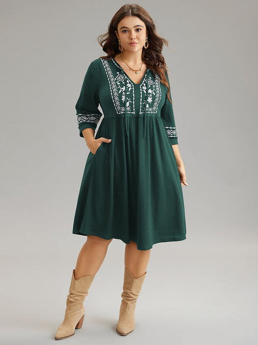 Bandana Embroidered Tie Neck Gathered Dress