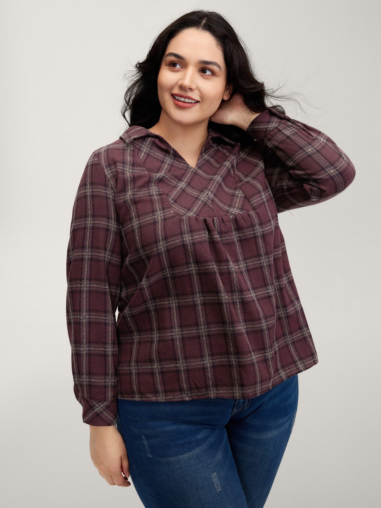 Plaid Pattern Relaxed-Fit Collar Blouse