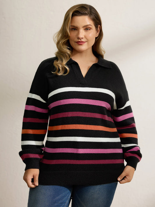 Polo Collar Colorful Stripes Pullover