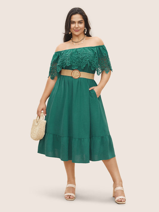 Guipure Lace Off Shoulder Flutter Hem Dress