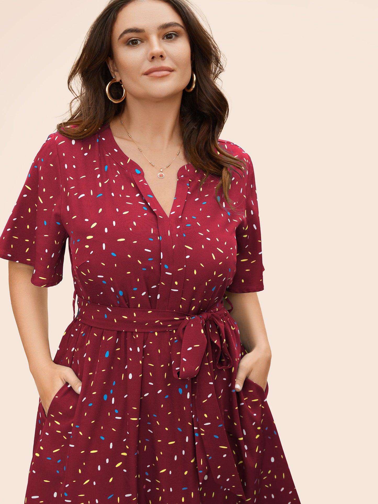 Split Neck Confetti Print Midi Dress