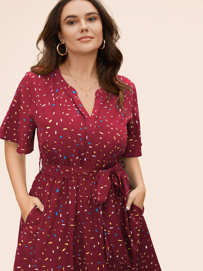 Split Neck Confetti Print Midi Dress