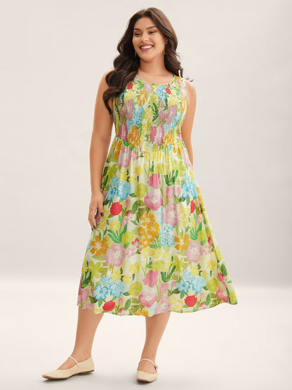 Neon Heartbeat Floral Shirred Midi Dress