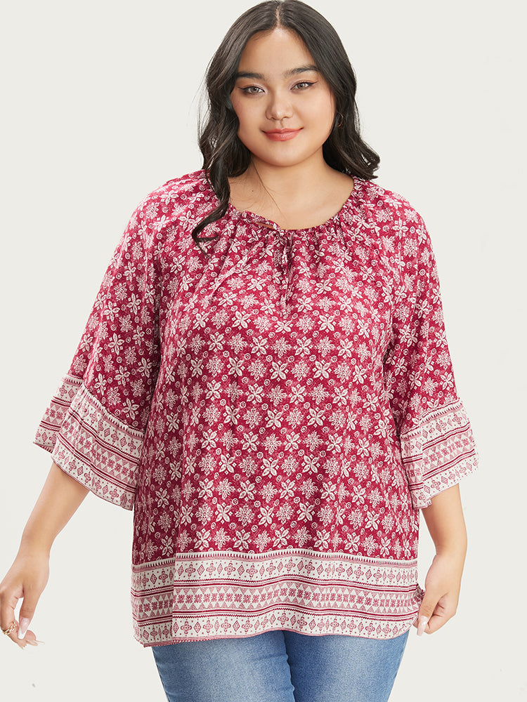Floral Print Bell Sleeve Knotted Round Neck Blouse