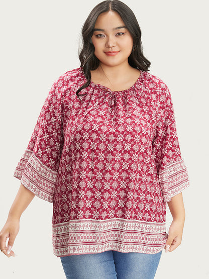 Floral Print Bell Sleeve Knotted Round Neck Blouse