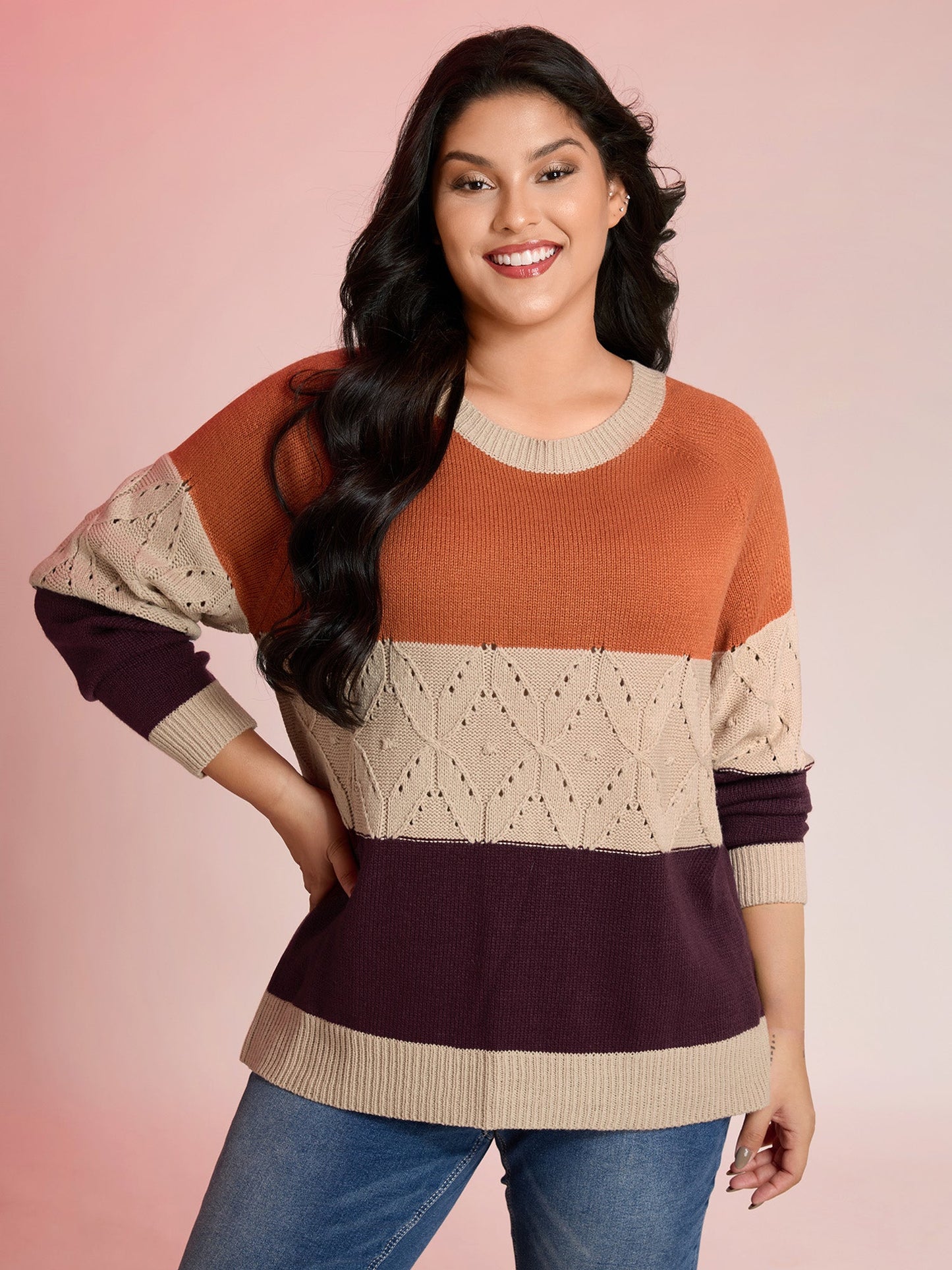 Colorblock Textured Ribbed Hem Pullover