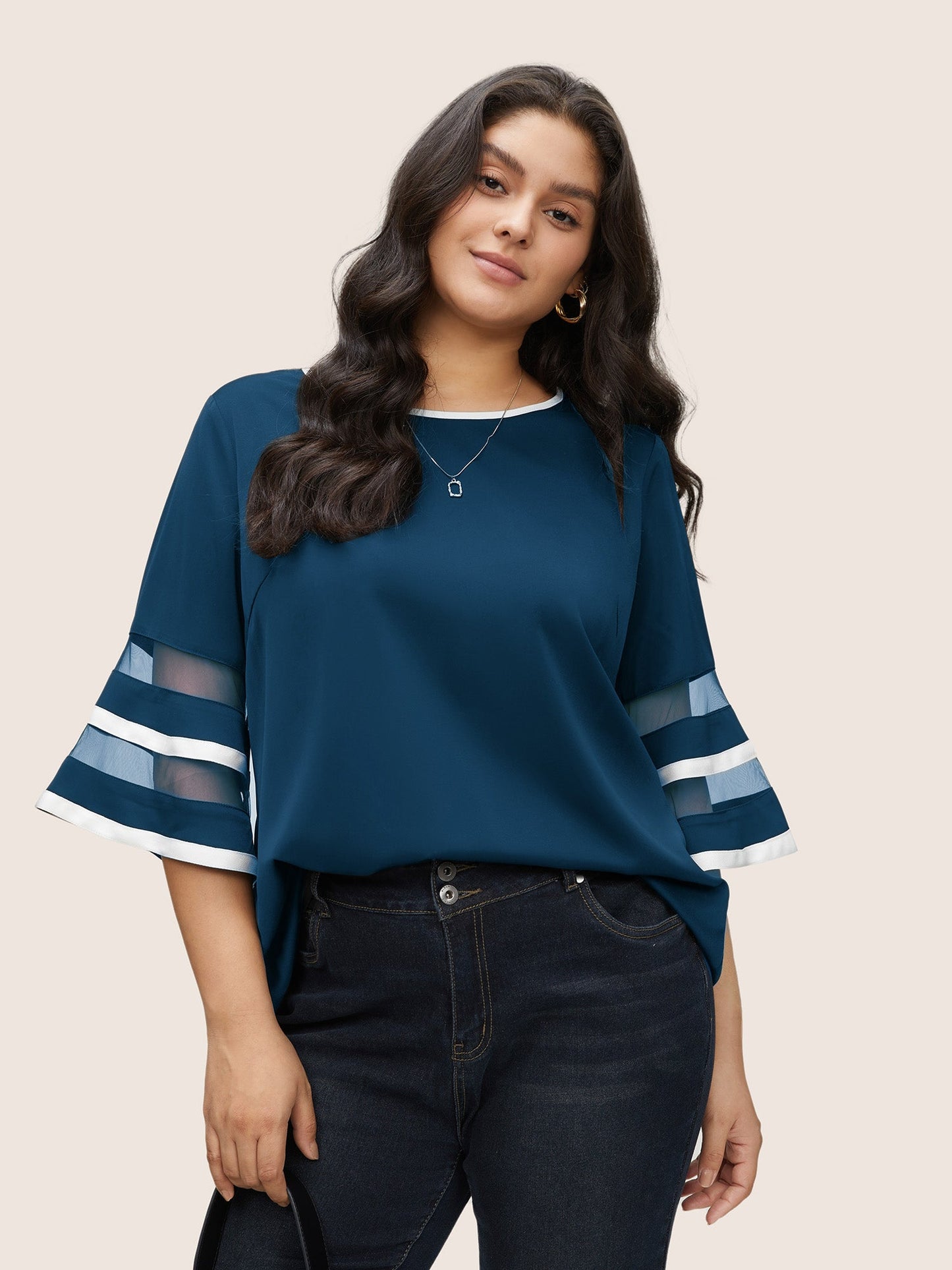 Contrast Patchwork Mesh Bell Sleeve Blouse