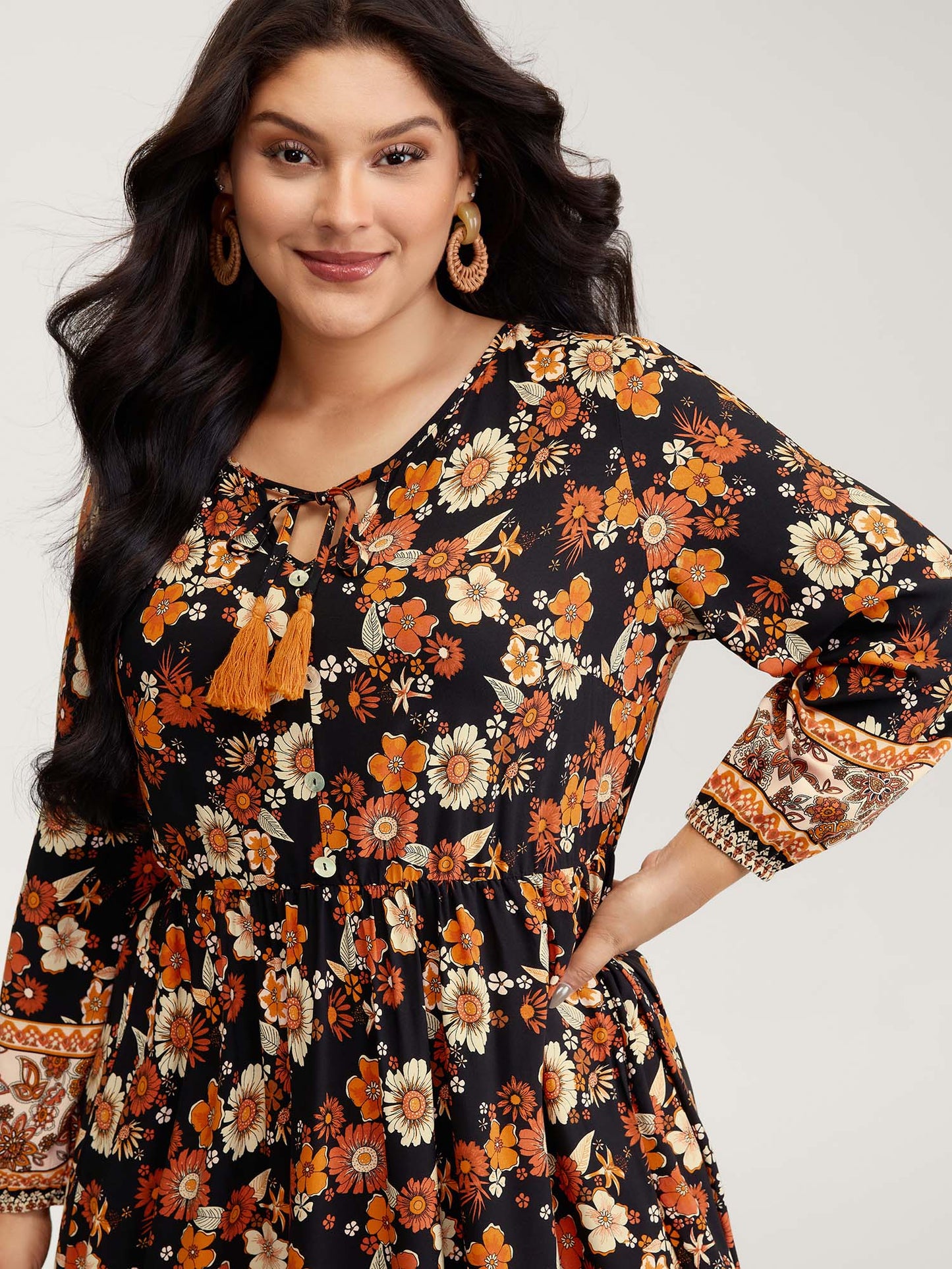Floral Stretchy Waist Neck-Tie Maxi Dress