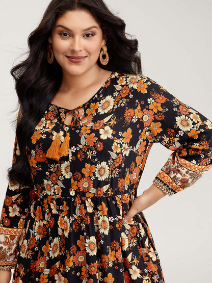 Floral Stretchy Waist Neck-Tie Maxi Dress