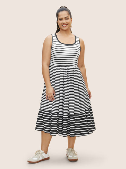 Striped Ruffle Layered Hem Tank Midi Dress