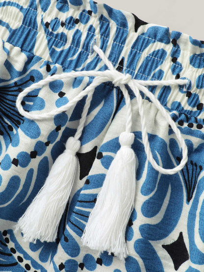 Boho Print Shirred Waist Straight-Fit Shorts