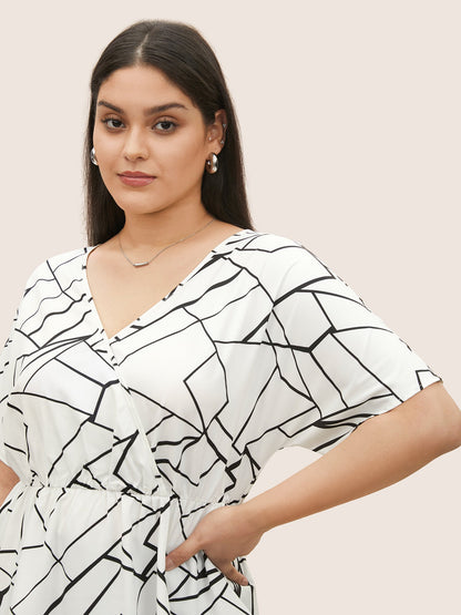 Geometric Overlap Collar Ruffle Sleeve Blouse