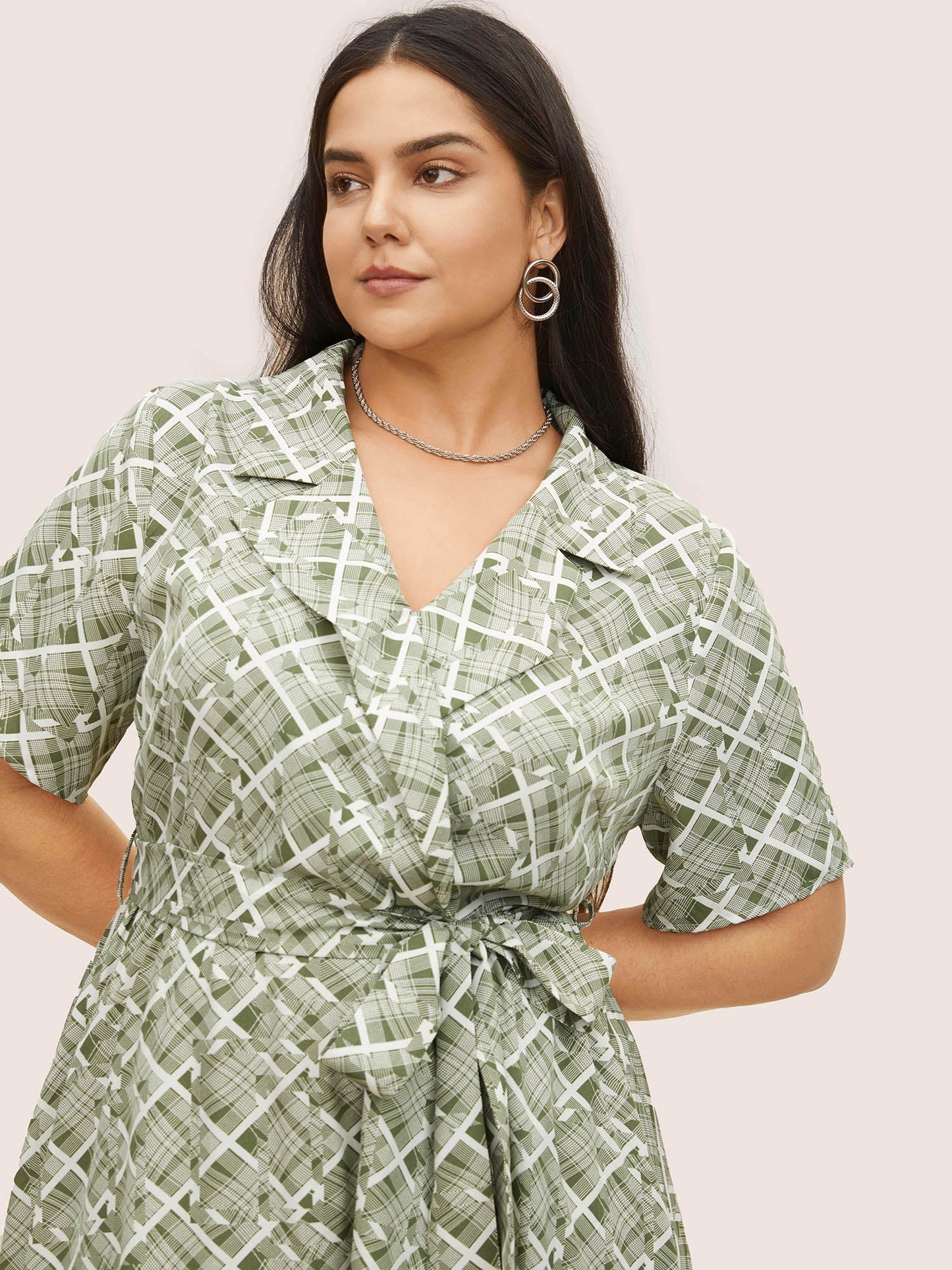 Geometric Suit Collar Button Up Belted Dress
