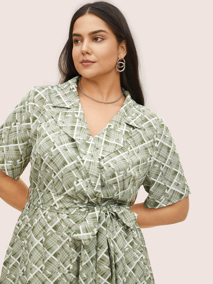 Geometric Suit Collar Button Up Belted Dress