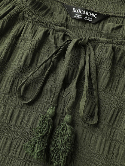 Notched Neck-Tie Crinkle Tiered Blouse