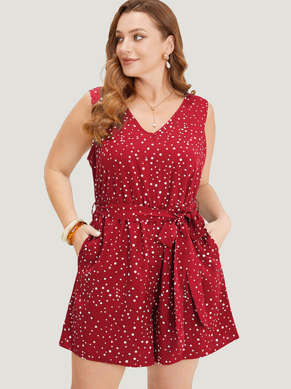 Polka Dot V Neck Pocket Sleeveless Belted Romper
