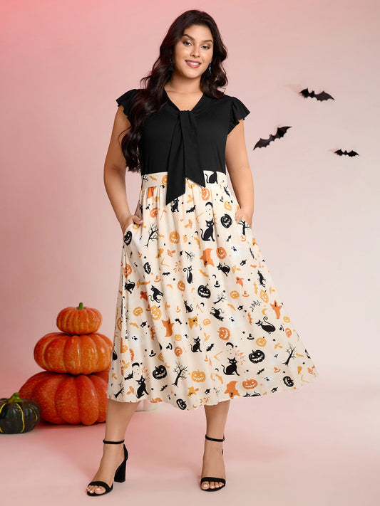 Halloween Print Spliced Neck-Tie Midi Dress