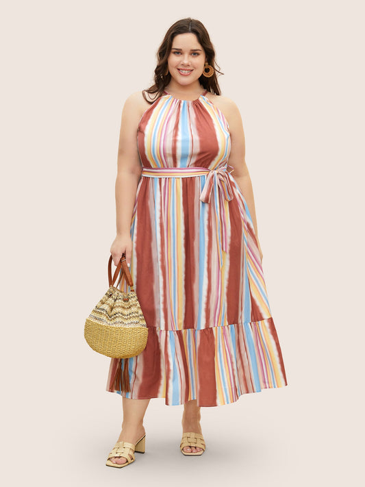 Colored Striped Ruffle Layered Hem Dress