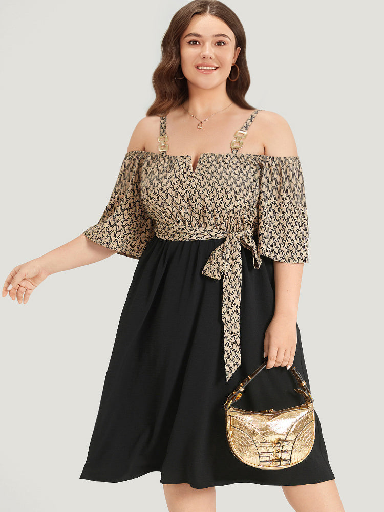 Geometric Patchwork Pocket Belted Cold Shoulder Dress