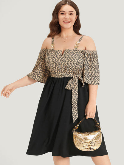 Geometric Patchwork Pocket Belted Cold Shoulder Dress