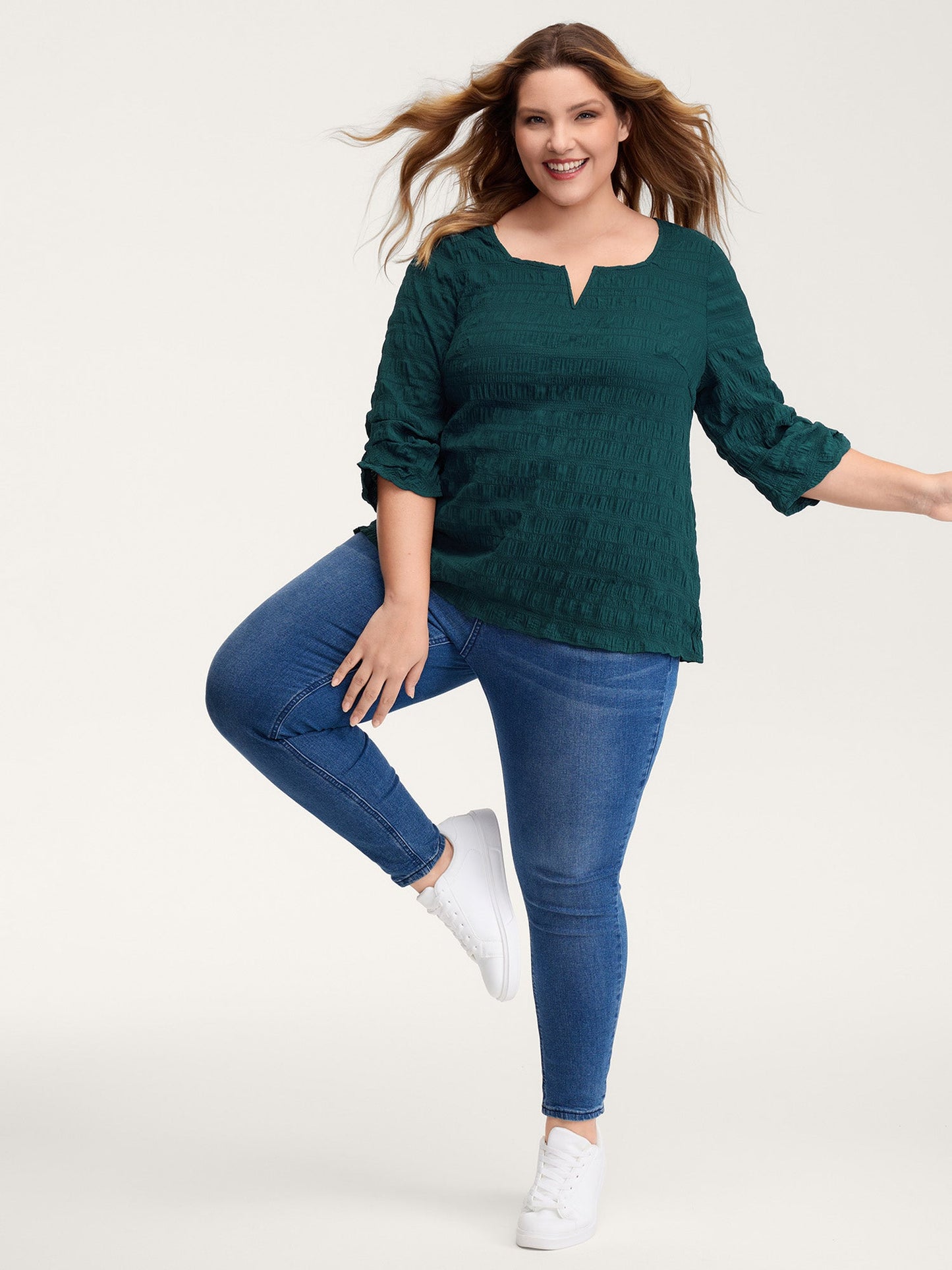 Textured Gathered Sleeve Solid Blouse