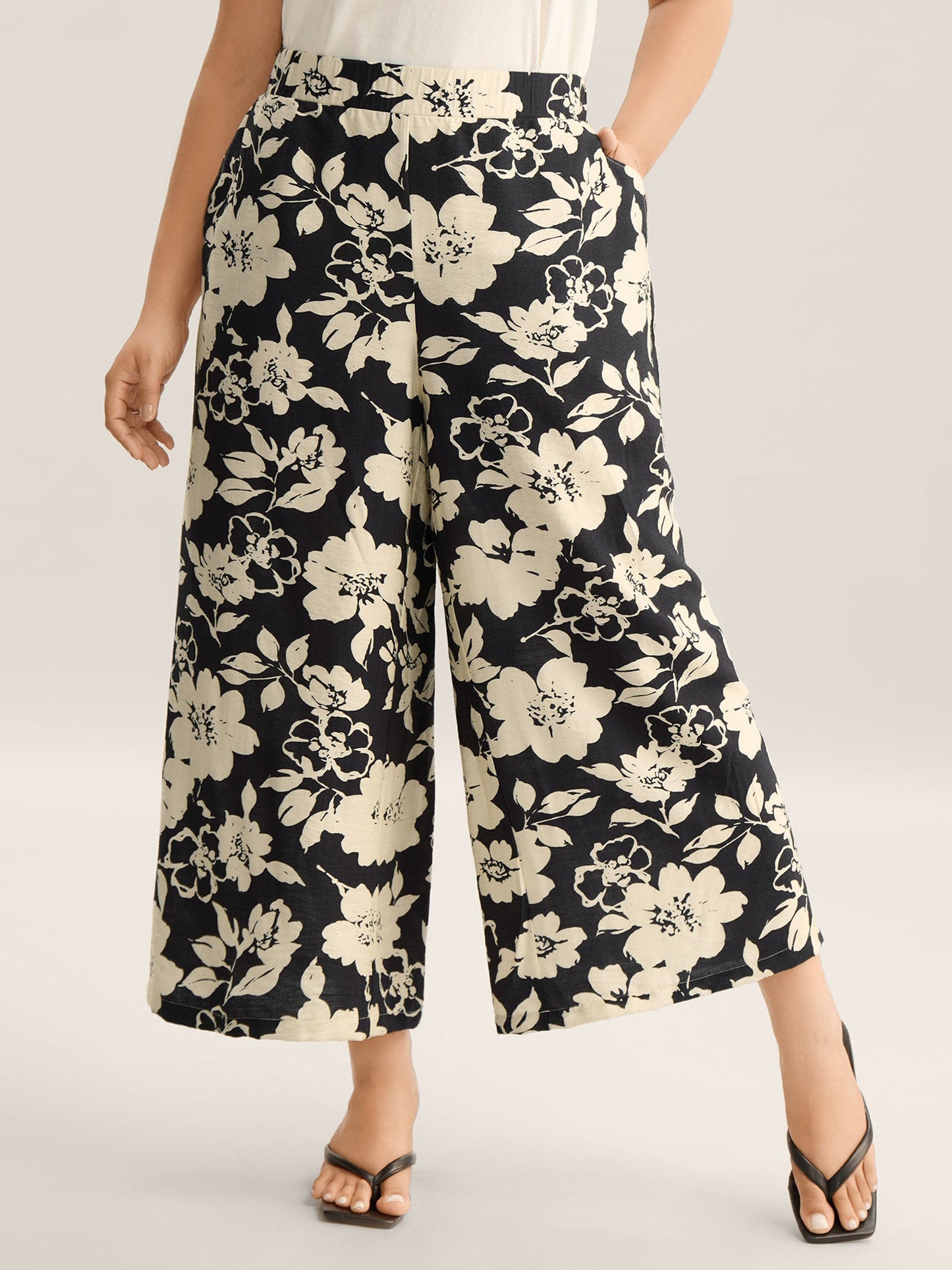 Floral Print Pull-On Wide-Leg Pants