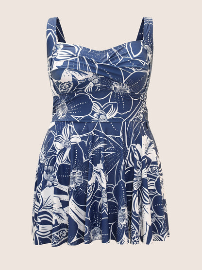 Natural Flowers Heart Neckline Twist Swim Dress