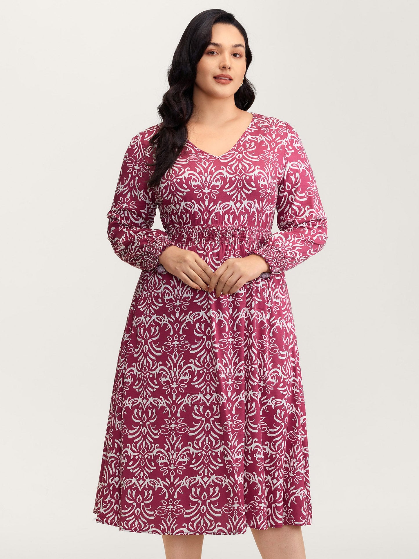 Abstract Pattern Shirred Waist Midi Dress