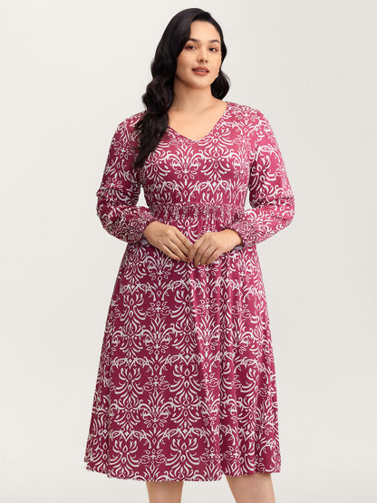 Abstract Pattern Shirred Waist Midi Dress