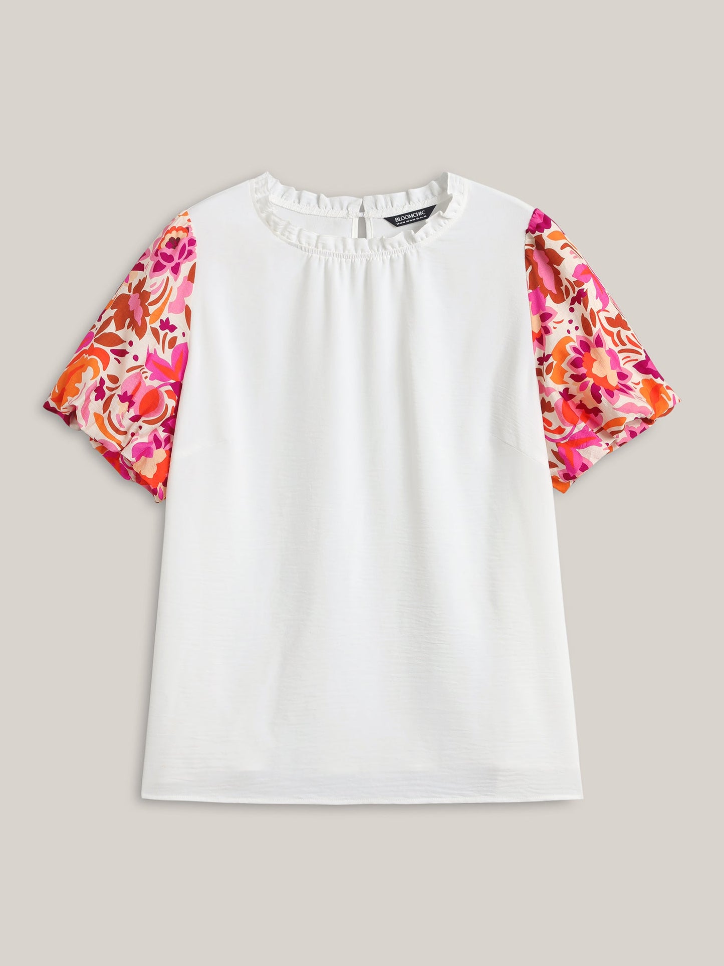 Floral Bubble Sleeve High-Neck Blouse