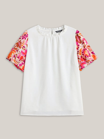 Floral Bubble Sleeve High-Neck Blouse