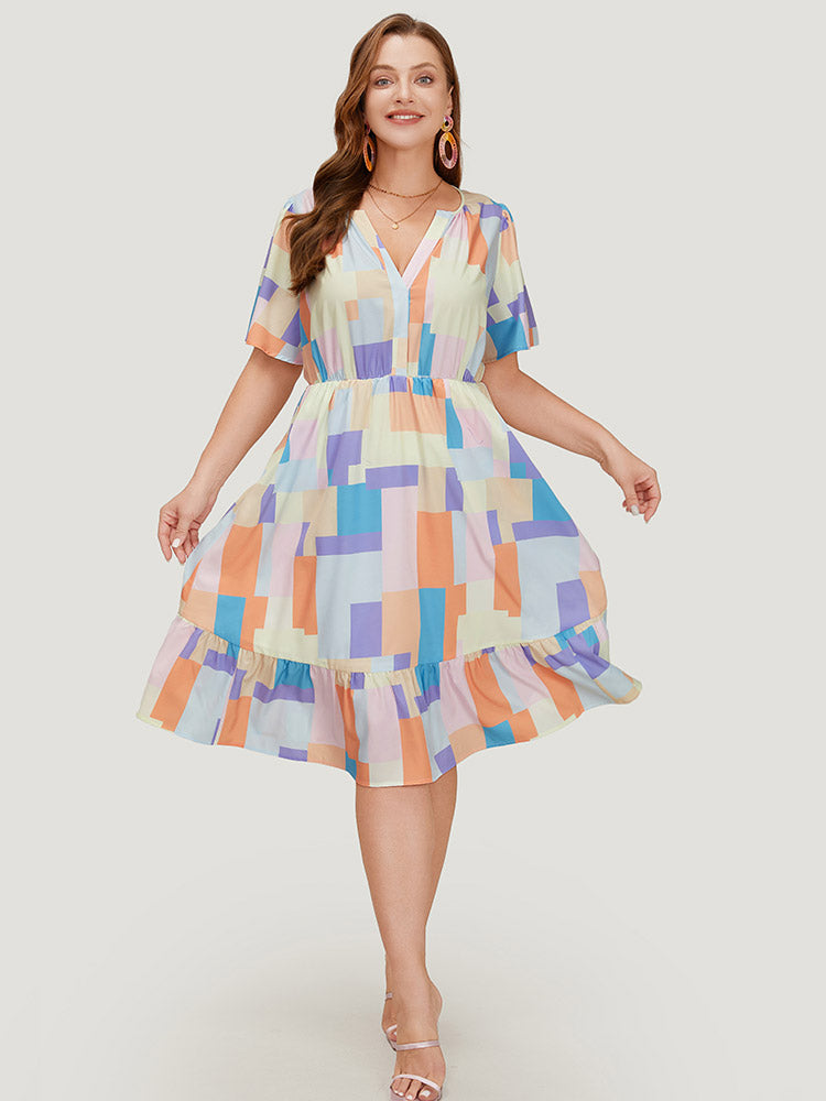 Geometric Notched Pocket Shirred Flutter Hem Dress