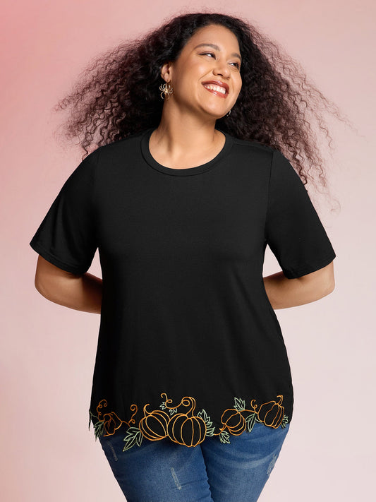 Pumpkin Embroidered Hem Solid T-Shirt