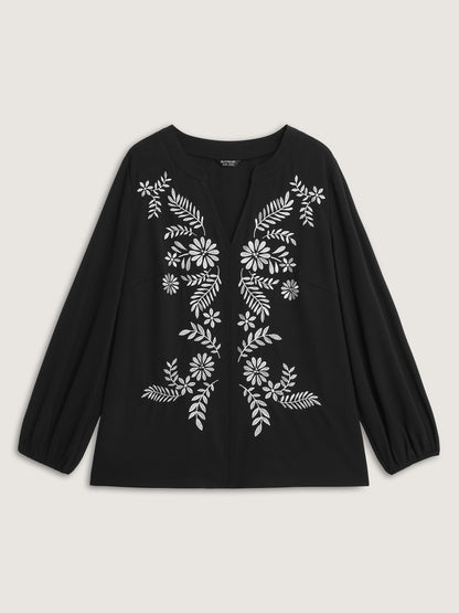 Floral Color Contrast Embroidery Blouse