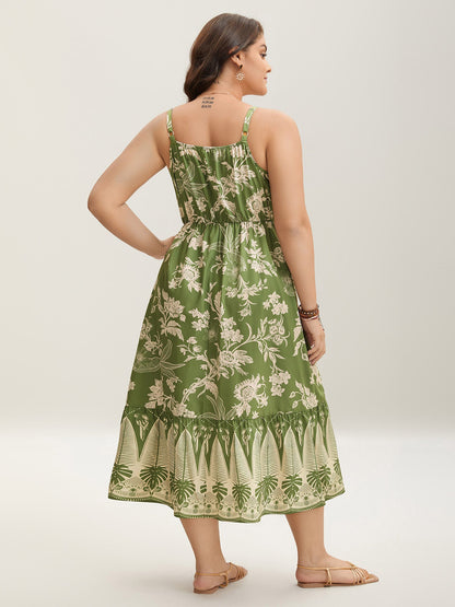 Tropical Print Tied Front Pockets Midi Dress