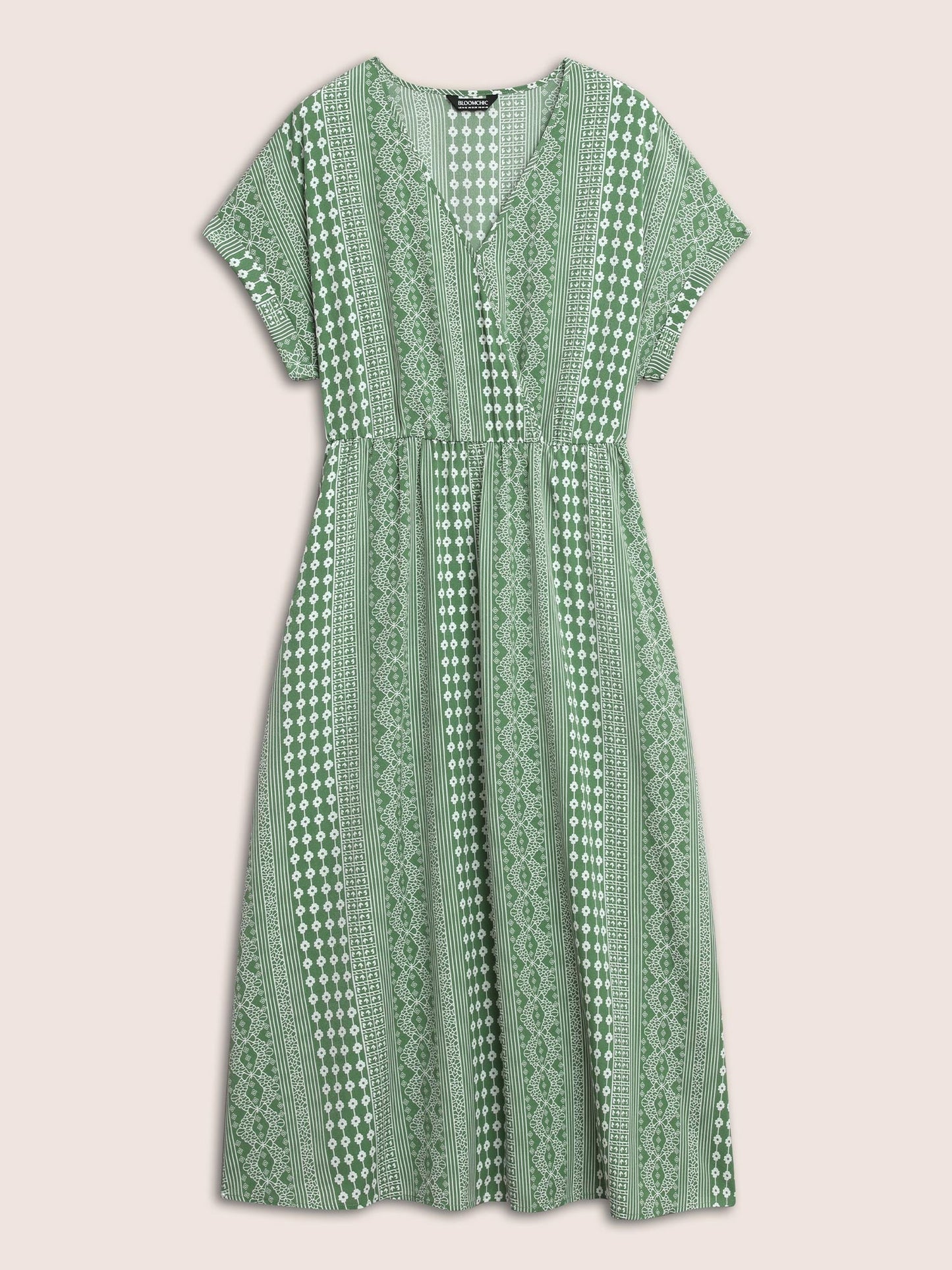 Boho Print Overlap Collar Dolman Sleeve Dress