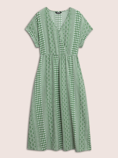 Boho Print Overlap Collar Dolman Sleeve Dress