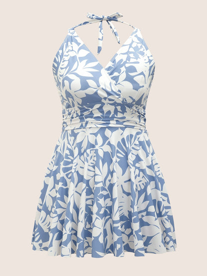 Overlap Collar Silhouette Floral Print Swim Dress