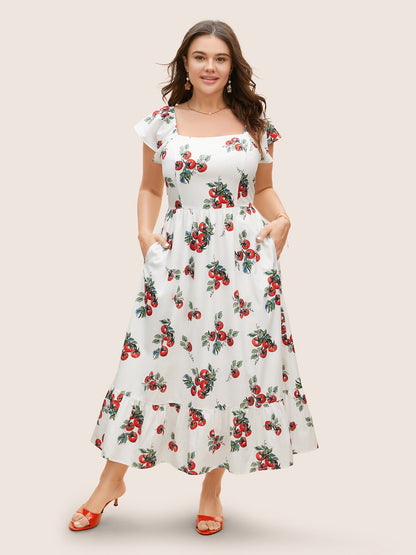 Tomato Print Square Neck Ruffle Cap Sleeve Dress
