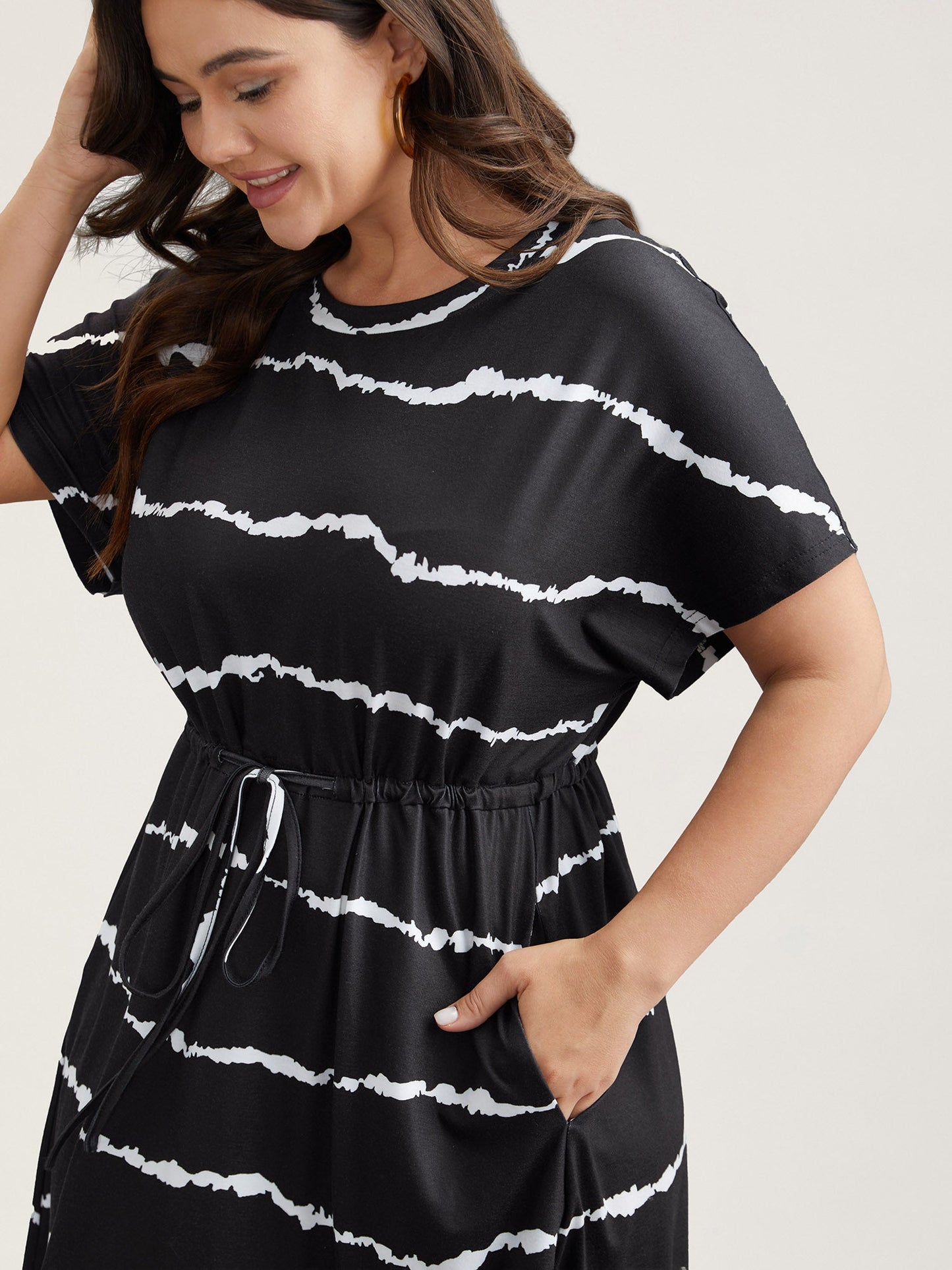 Striped Waist-Tie Dolman Sleeve Midi Dress