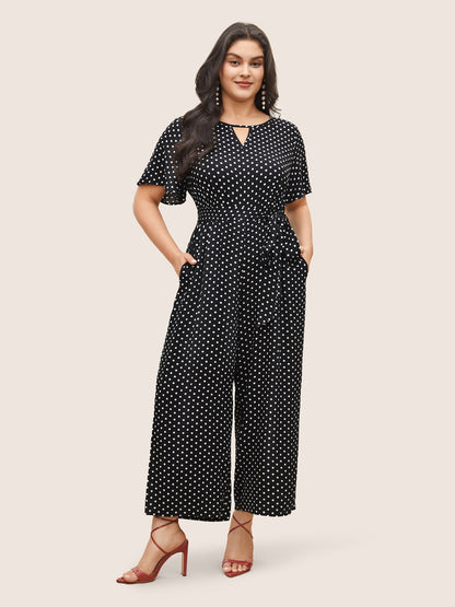 Polka Dot Cut Out Zipper Belted Jumpsuit