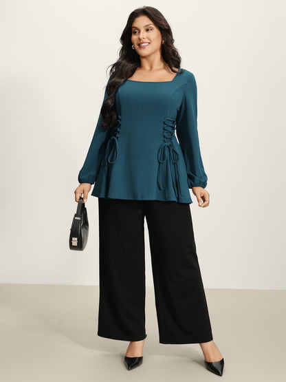 Cinched-Waist Cross-Tie Stretchy Blouse