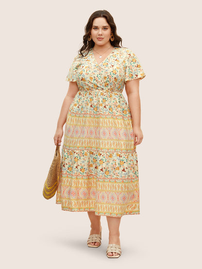 Overlap Collar Boho Print Ruffle Sleeve Dress
