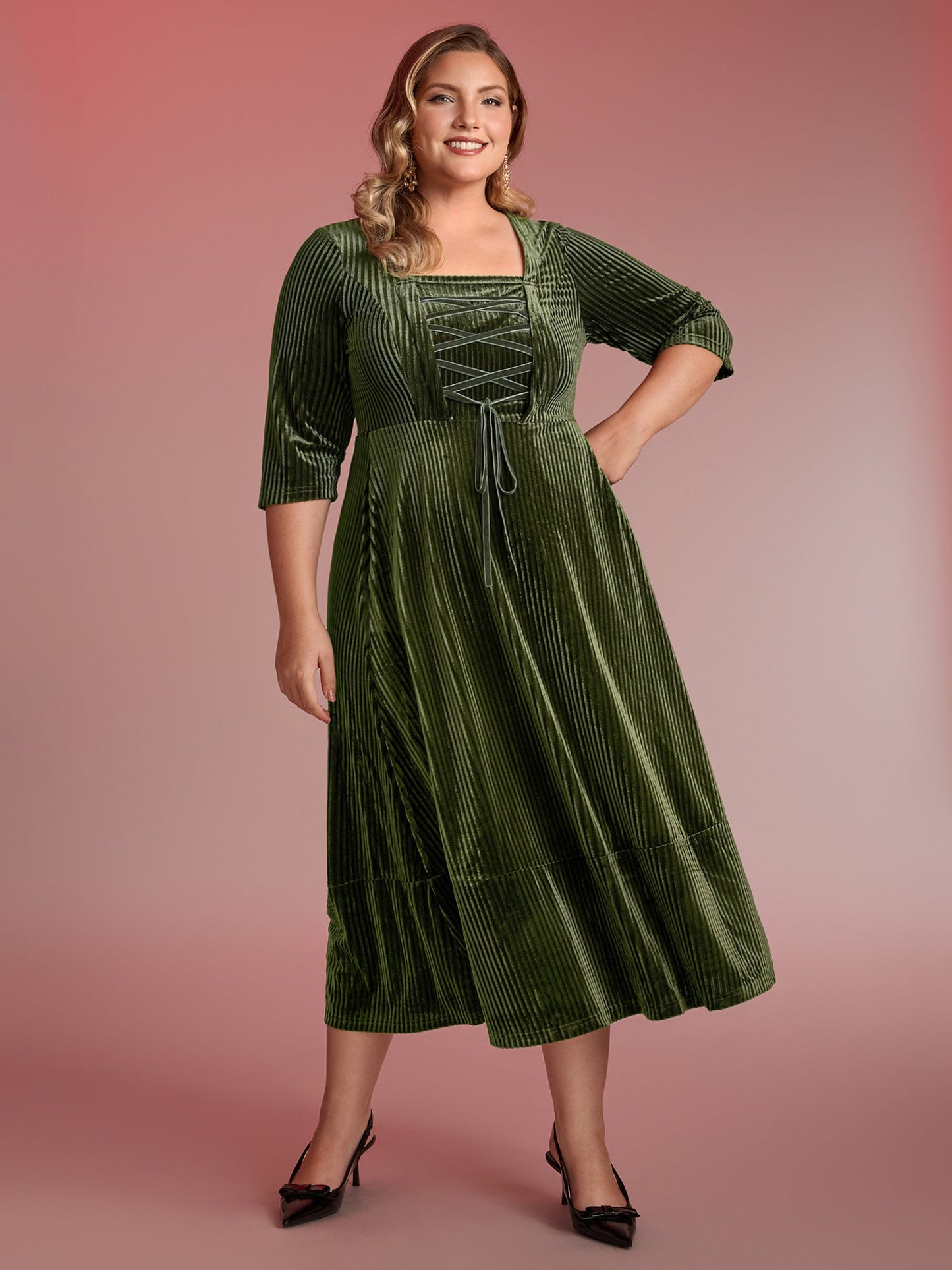 Adjustable Cross-Tie Velvet Stretchy Waist Midi Dress