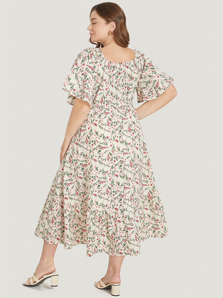 Ditsy Floral Pocket Square Neck Shirred Ruffles Dress