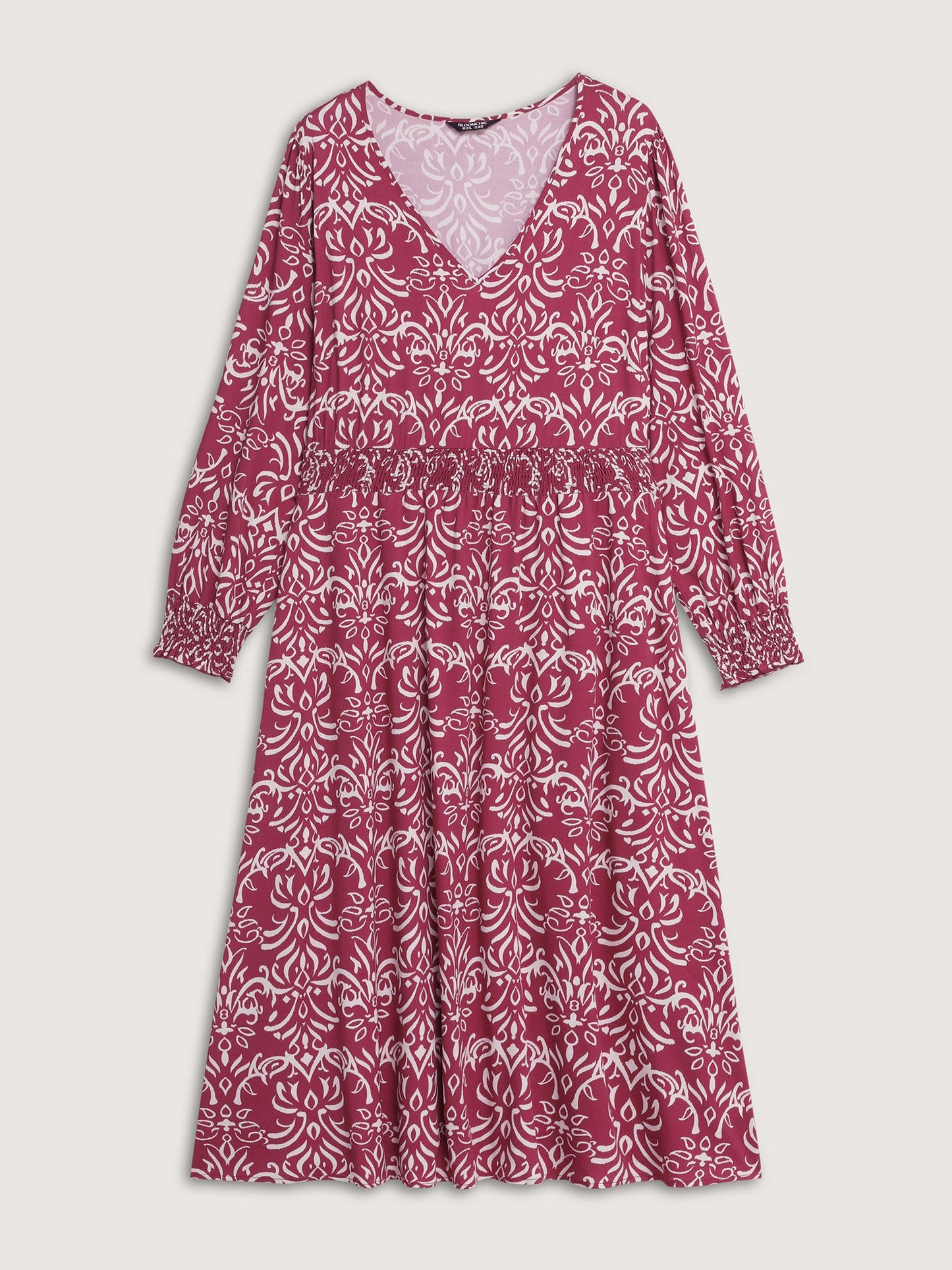 Abstract Pattern Shirred Waist Midi Dress
