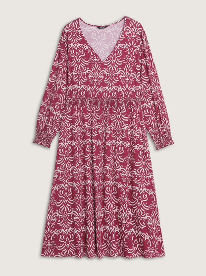 Abstract Pattern Shirred Waist Midi Dress