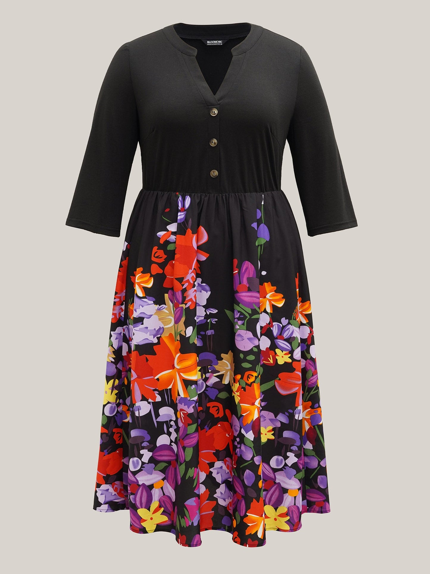 Brush Stroke Flowers Notched Collar Dress