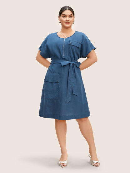 Round Neck Half Zip Flap Detail Belted Dress