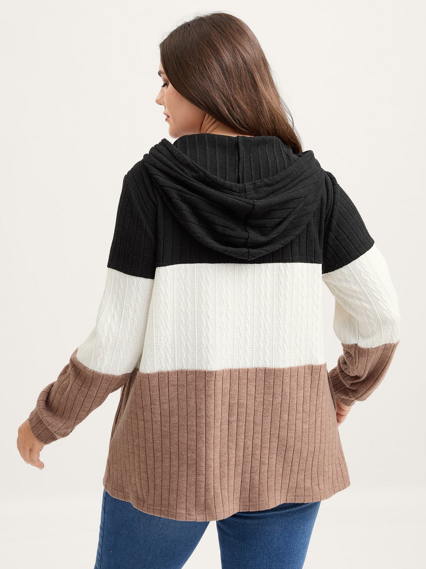 Textured Color Contrast Zipper Hoodie